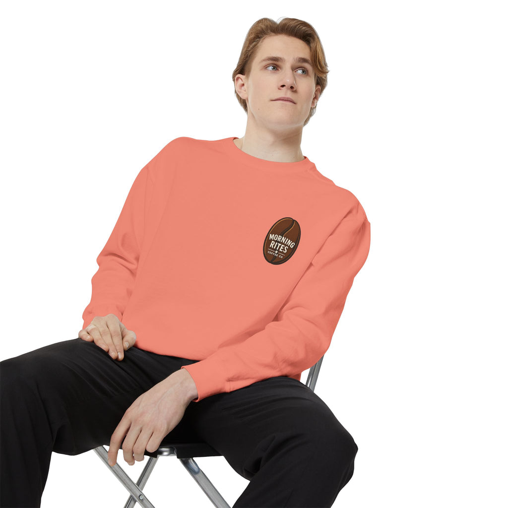 Morning Rites Sweatshirt – Cozy Coral Garment-Dyed Crew with 'Morning Rites' Chest Graphic