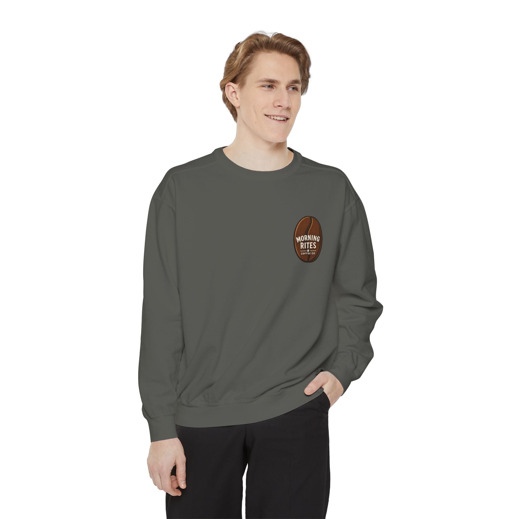 Morning Rites Sweatshirt – Cozy Coral Garment-Dyed Crew with 'Morning Rites' Chest Graphic