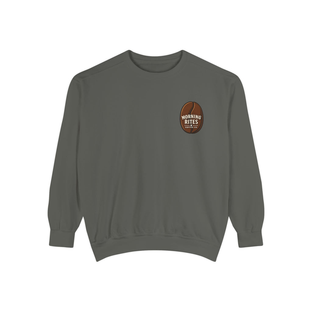 Morning Rites Sweatshirt – Cozy Coral Garment-Dyed Crew with 'Morning Rites' Chest Graphic