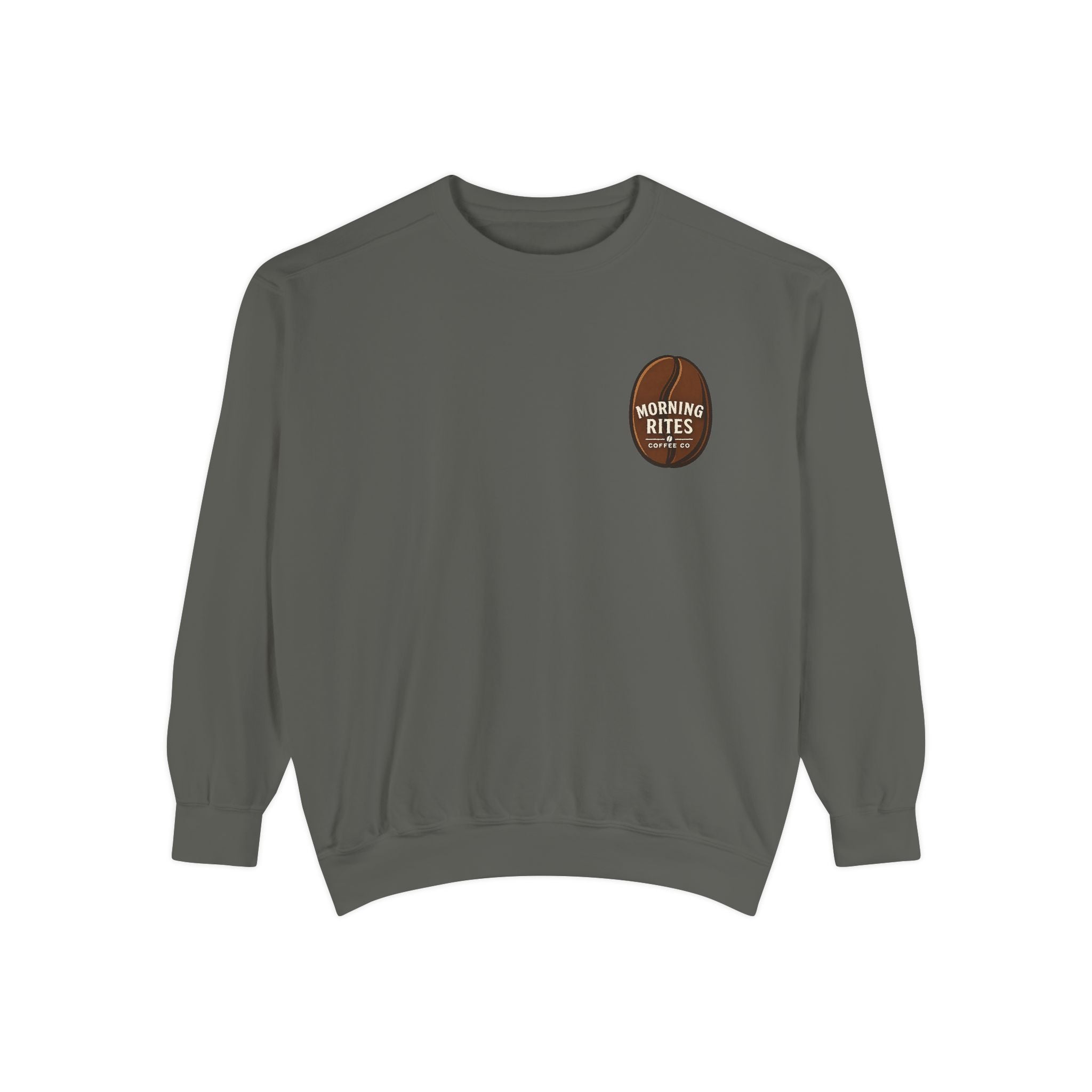 Morning Rites Sweatshirt – Cozy Coral Garment-Dyed Crew with 'Morning Rites' Chest Graphic
