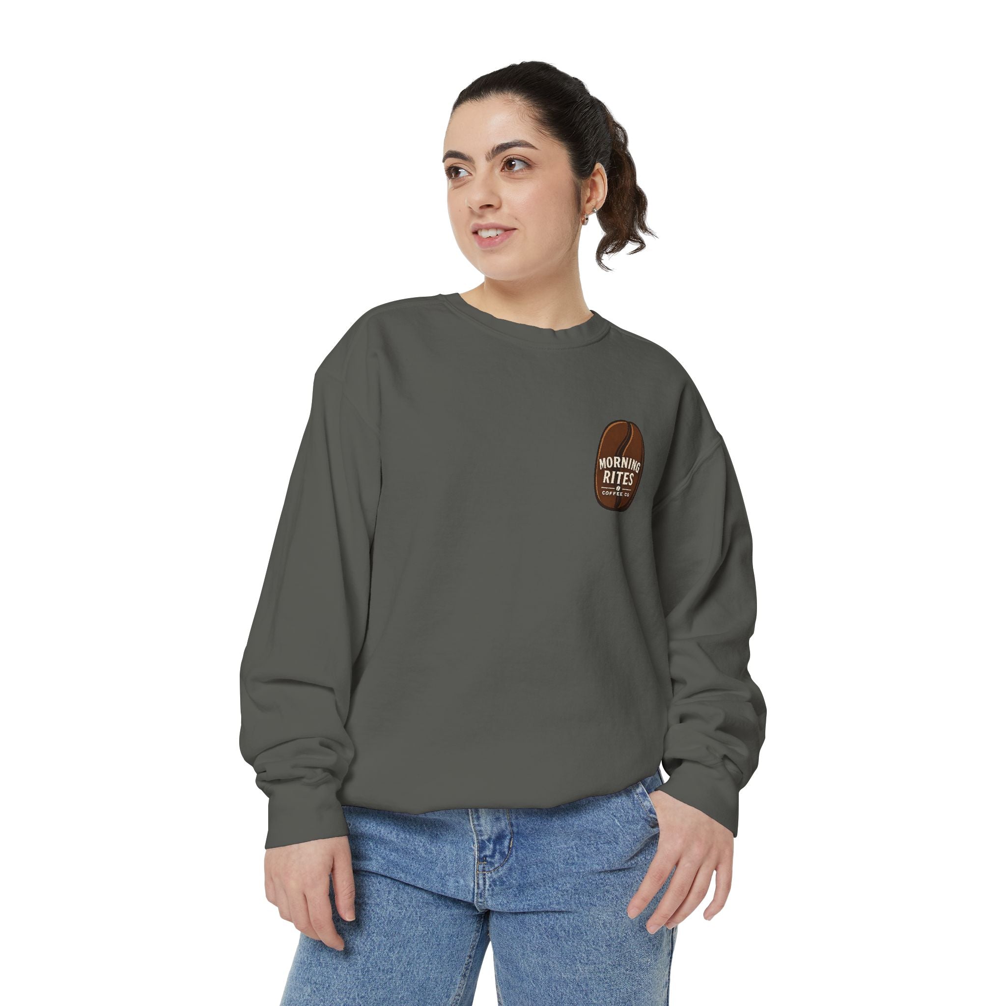 Morning Rites Sweatshirt – Cozy Coral Garment-Dyed Crew with 'Morning Rites' Chest Graphic