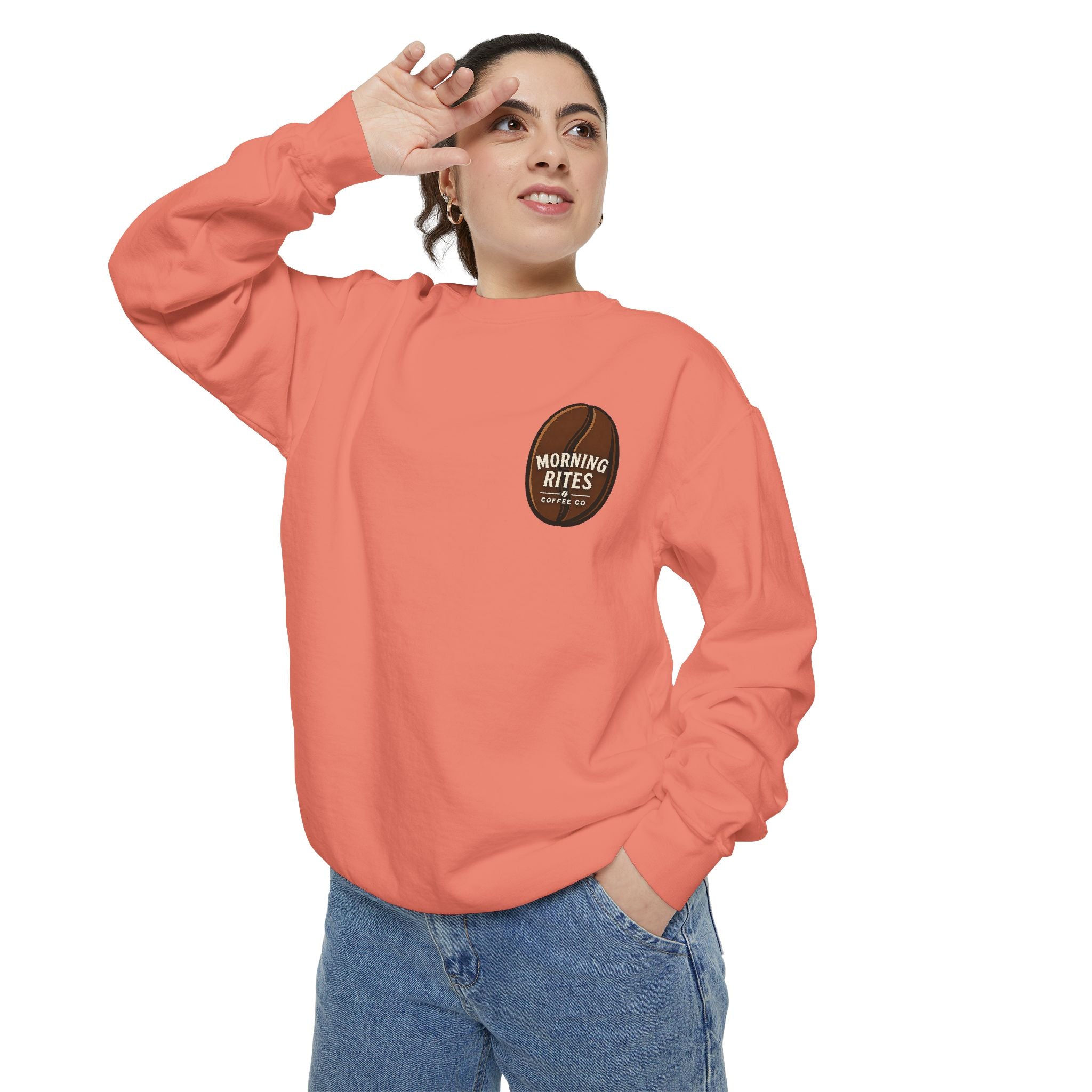 Morning Rites Sweatshirt – Cozy Coral Garment-Dyed Crew with 'Morning Rites' Chest Graphic