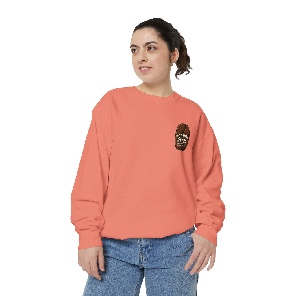 Morning Rites Sweatshirt – Cozy Coral Garment-Dyed Crew with 'Morning Rites' Chest Graphic