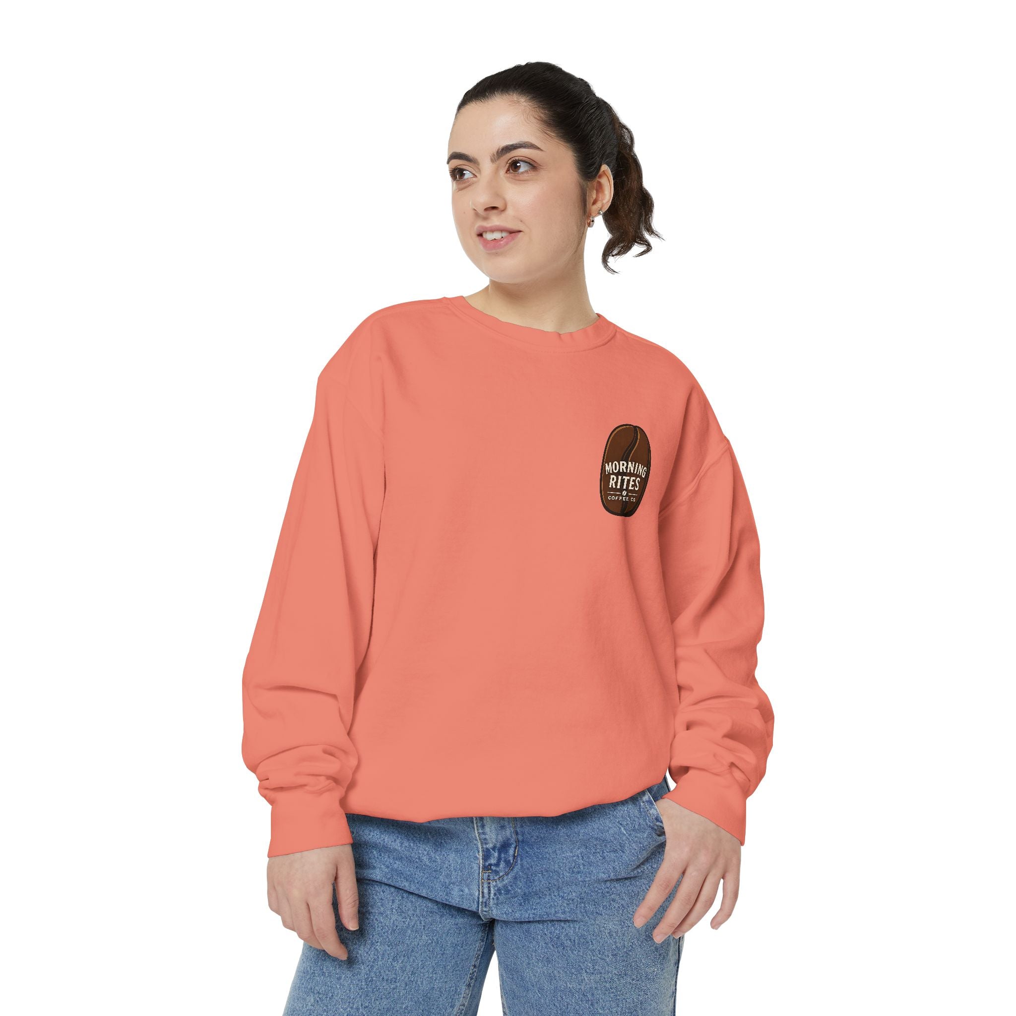 Morning Rites Sweatshirt – Cozy Coral Garment-Dyed Crew with 'Morning Rites' Chest Graphic