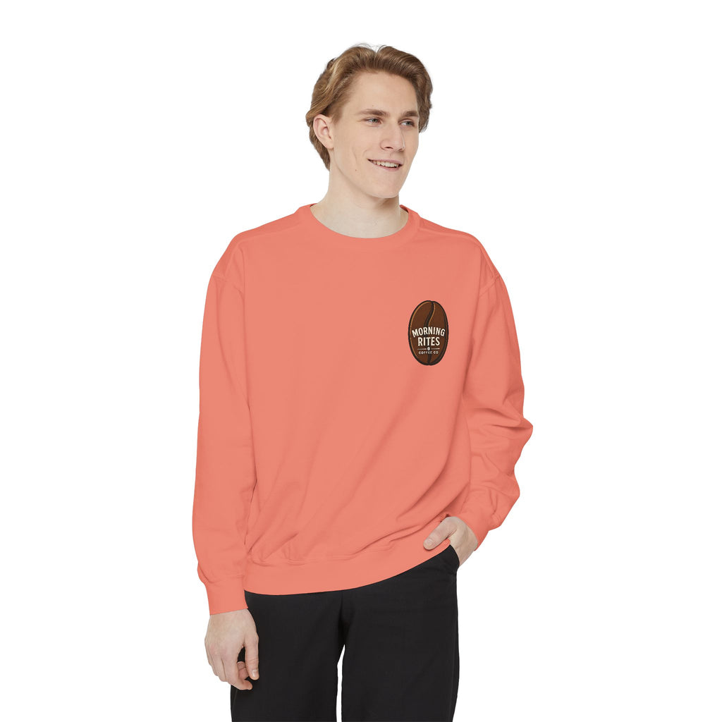 Morning Rites Sweatshirt – Cozy Coral Garment-Dyed Crew with 'Morning Rites' Chest Graphic