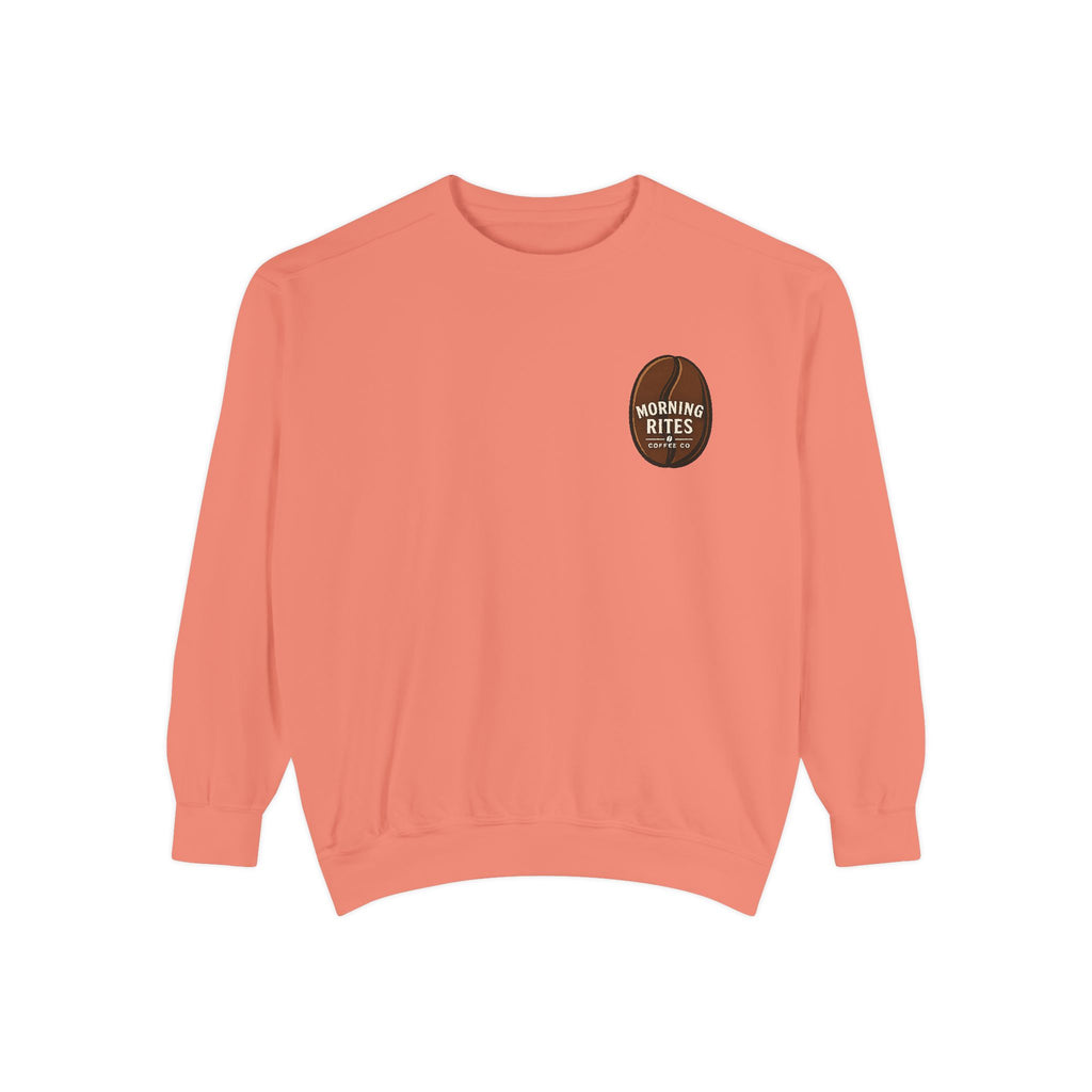 Morning Rites Sweatshirt – Cozy Coral Garment-Dyed Crew with 'Morning Rites' Chest Graphic
