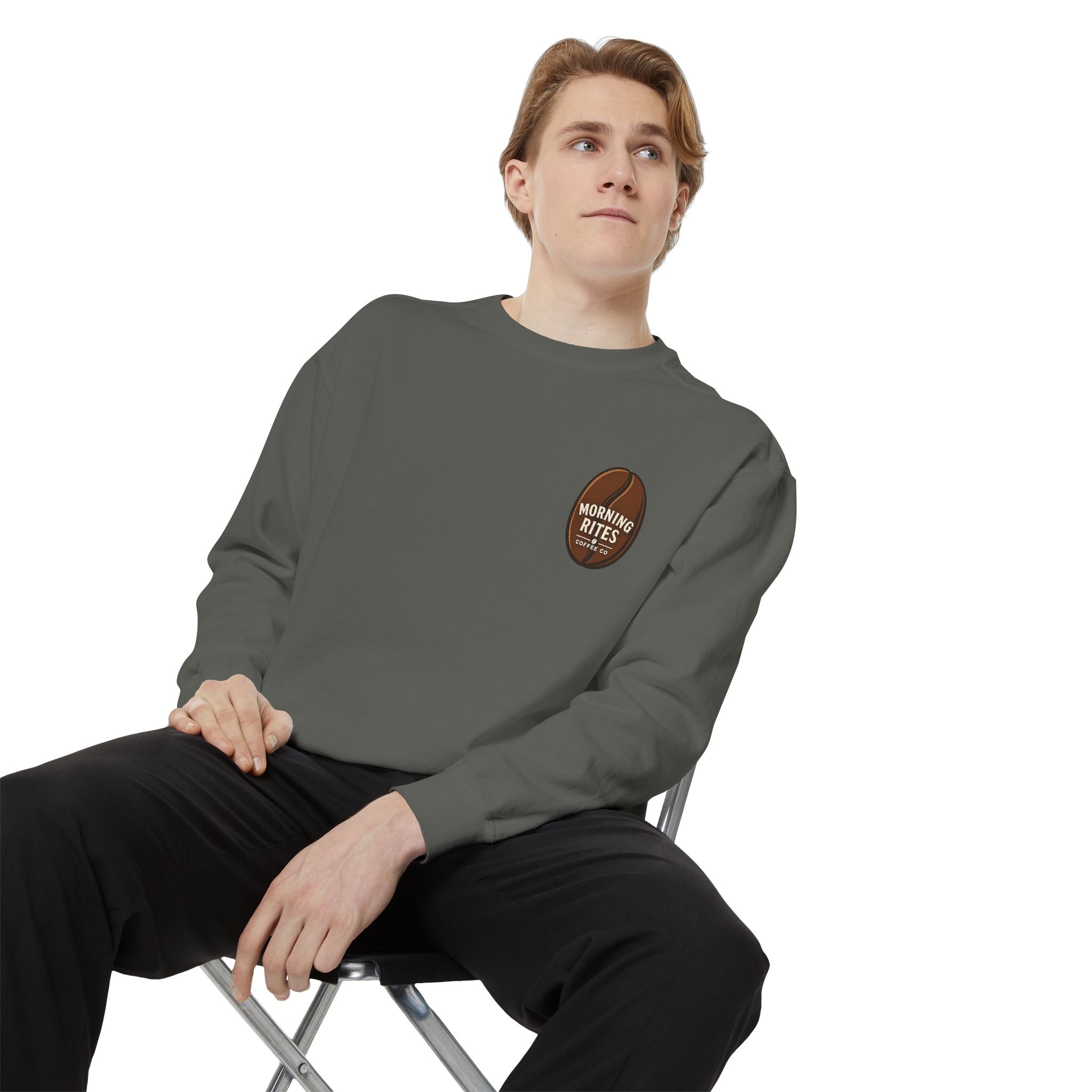 Morning Rites Sweatshirt – Cozy Coral Garment-Dyed Crew with 'Morning Rites' Chest Graphic