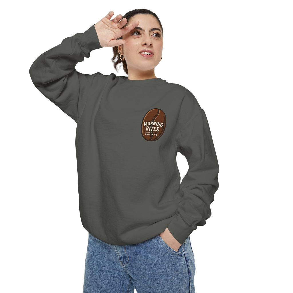 Morning Rites Sweatshirt – Cozy Coral Garment-Dyed Crew with 'Morning Rites' Chest Graphic